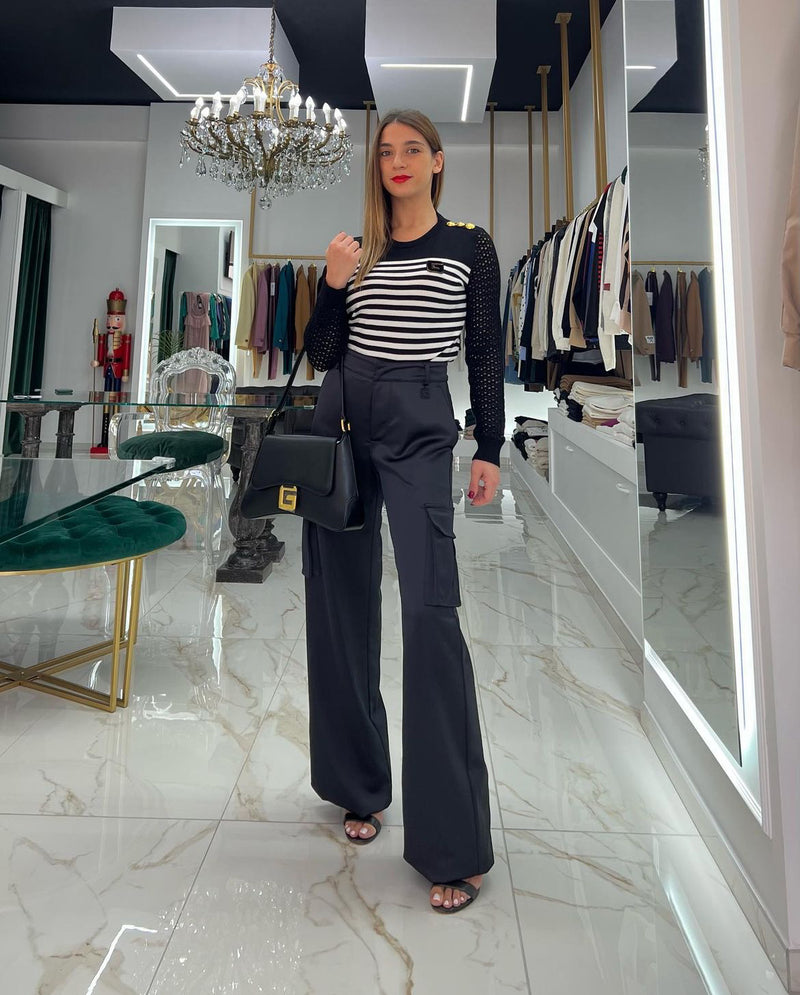 Pantalone Con Tasconi In Satin Nero